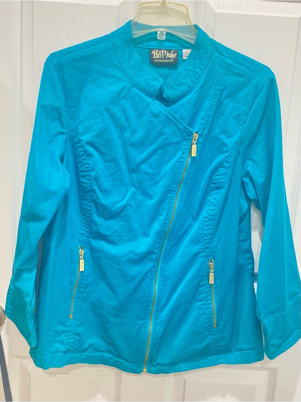 Bob Mackie Teal Asymmetrical Zip Utility Jacket size XL
